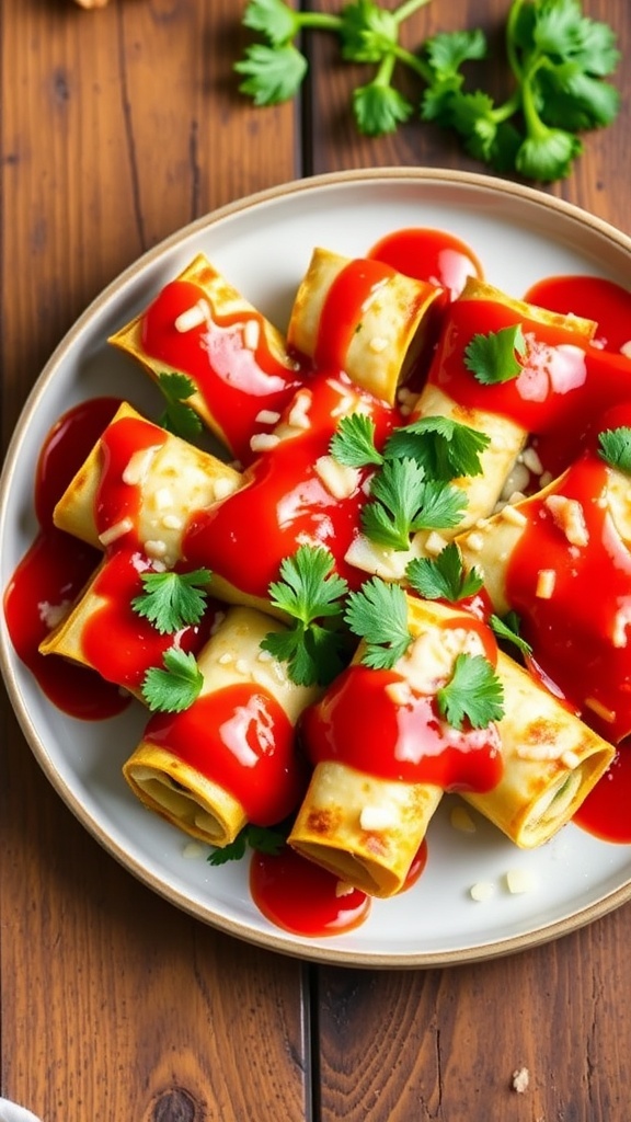 Zucchini enchilada roll-ups topped with cheese and enchilada sauce, garnished with cilantro on a rustic table.